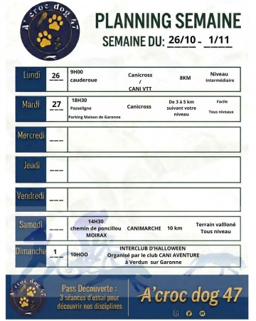 Programme du 26/10/2026 au 01/11/2026